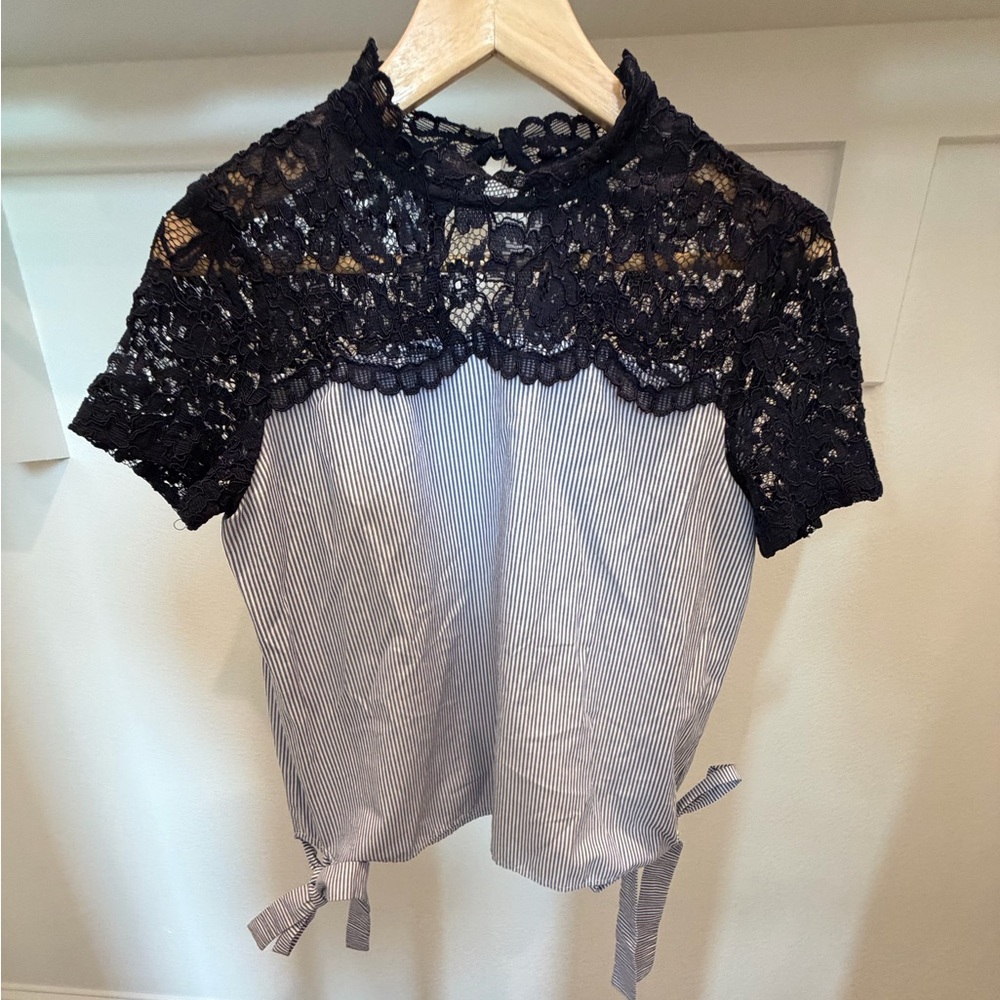 ZARA Lace Yoke High Neck Blouse Striped Tie Waist Top Size M